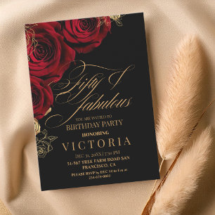 Gold & Red Rose 50th Birthday Party Invitation