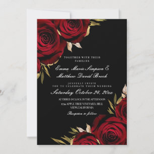 Gold Red Rose Black  Floral Wedding Invitation