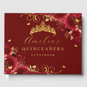 Gold Red Rose Floral Swirl Quinceanera  Guest Book