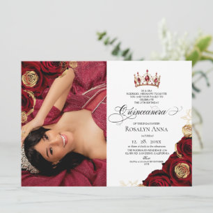 Gold Red Rose Princess Quinceañera Invitation