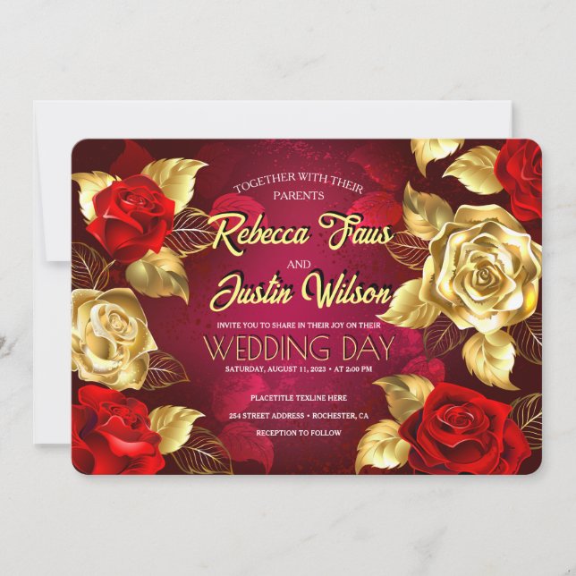 Gold Red  Roses Floral Modern Boho Invitation (Front)