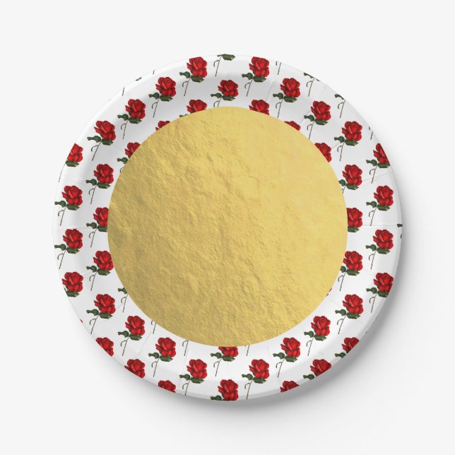 Gold Red Roses Rose Elegant Floral Wedding Party Paper Plate (Front)