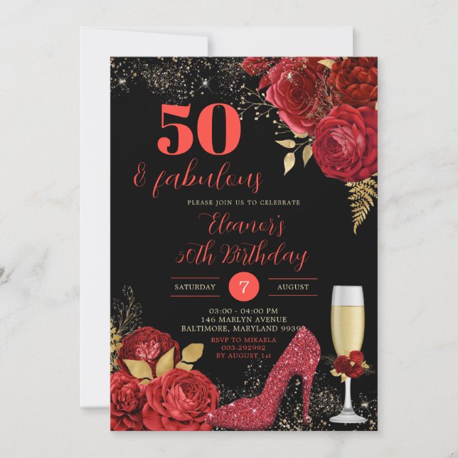 Gold Red Roses Stiletto Heels Adult Birthday Invitation (Front)