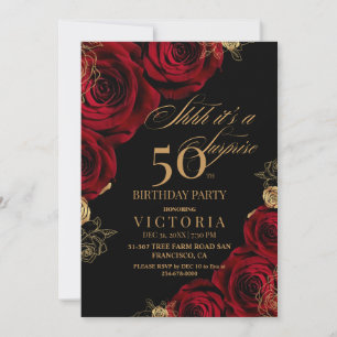 Gold & Red Roses Surprise 50th Birthday Invitation