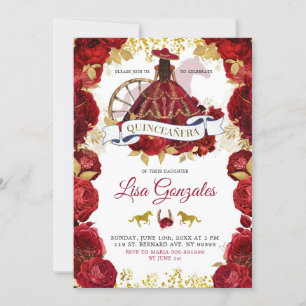 Gold Red Roses Western Charra Boots Quinceañera Invitation