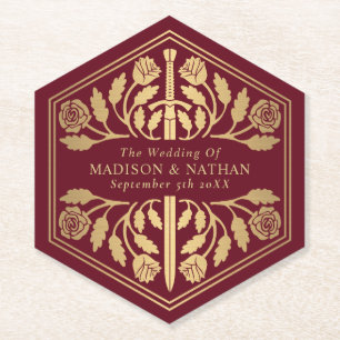 Gold Red Royal Mediaeval Sword Wedding Paper Coaster