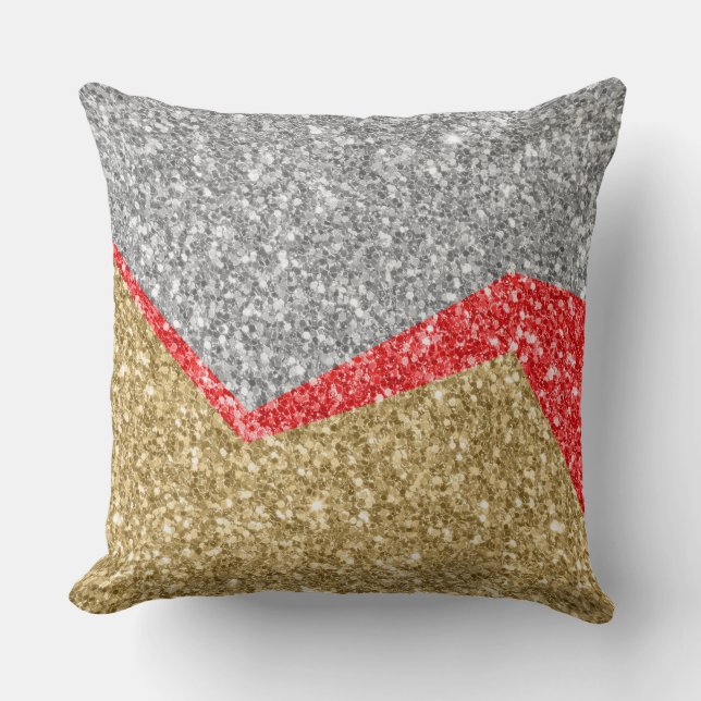 Gold &Red & Silver Glitter Geometric Design Cushion (Front)