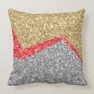 Gold &Red & Silver Glitter Geometric Design Cushion