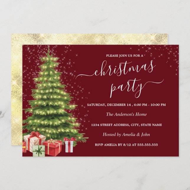 Gold Red Sparkle Tree Lights Christmas Party Invitation (Front/Back)