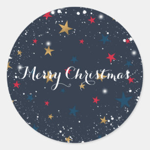Gold, red stars, snowflakes on blue. Festive Classic Round Sticker