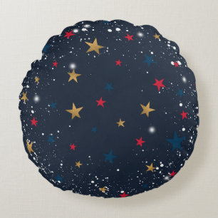 Gold, red stars, snowflakes on blue. Festive Round Cushion