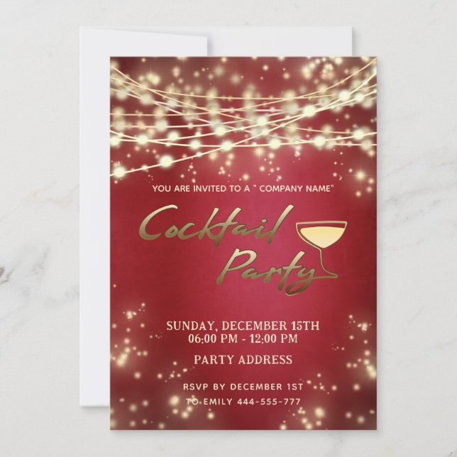 Gold red string lights corporate Cocktail party  Invitation (Front)