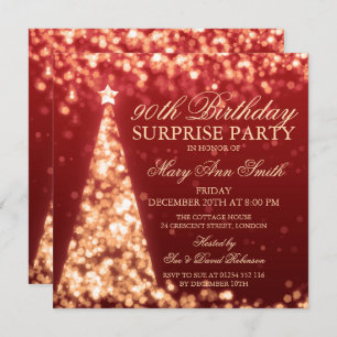 Gold Red Surprise 90th Birthday Christmas Lights Invitation