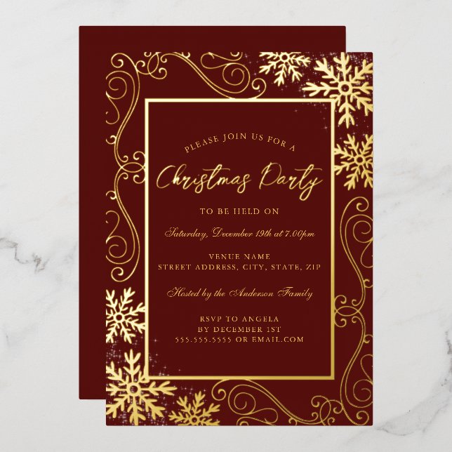 Gold Red Swirl Snowflake Frame Christmas Party (Front/Back)