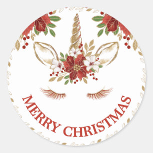 Gold & Red Unicorn Face & Poinsettia Christmas Classic Round Sticker