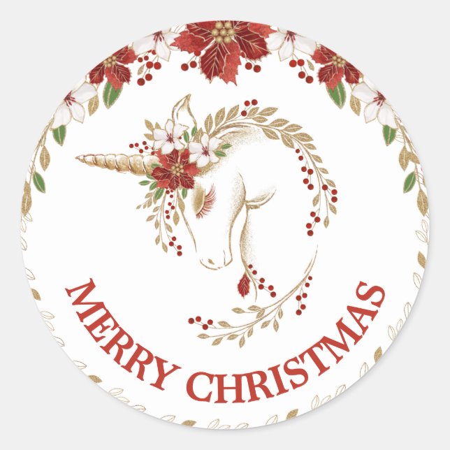 Gold & Red Unicorn & Poinsettia Christmas Classic Round Sticker (Front)