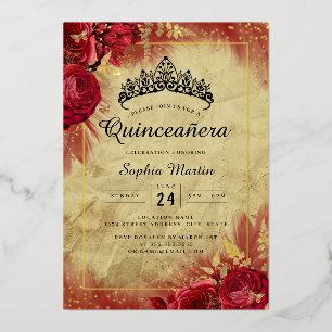 Gold Red Vintage Butterfly Floral Quinceanera