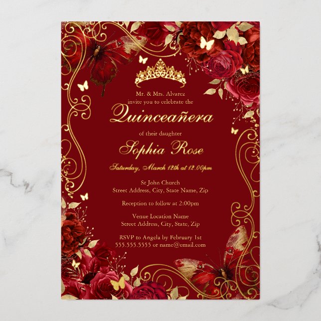 Gold Red Vintage Butterfly Floral Quinceanera  (Front)