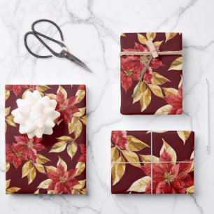 Gold Red Vintage Poinsettias Christmas Wrapping Paper Sheet