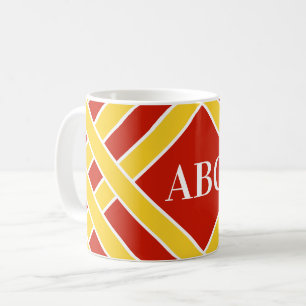 Gold/red/white bands, stripes, customise initials coffee mug