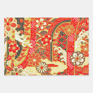 Gold Red White Japanese Kimono Floral Decoupage Wrapping Paper Sheet