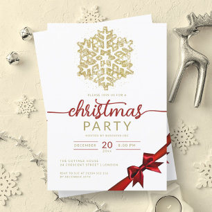 Gold Red Winter Glitter Snowflake Company Xmas  Invitation