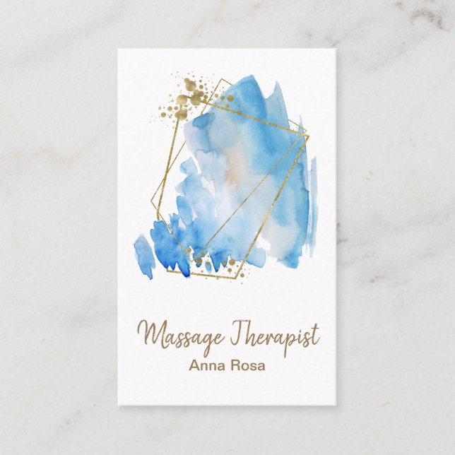 *~* Gold Reiki Massage Abstract Blue Watercolor Business Card (Front)