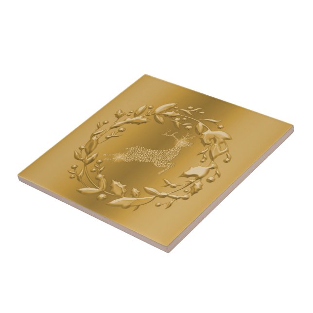 Gold Reindeer and Wreath Christmas Ceramic Tile (Side)