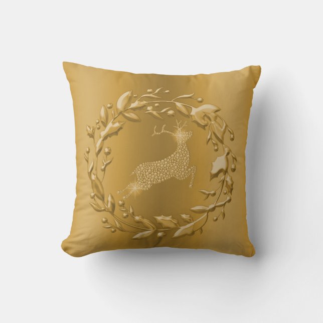 Gold Reindeer and Wreath Christmas Cushion (Front)