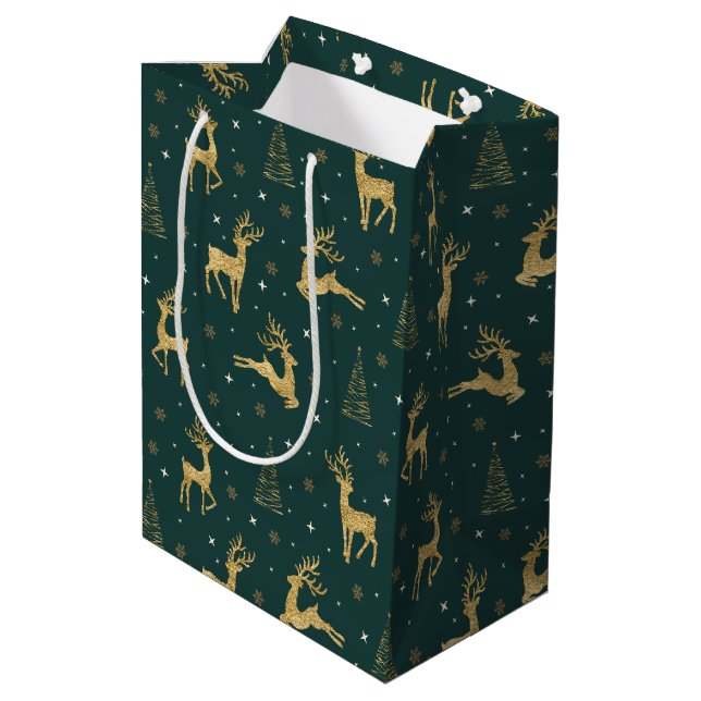 Gold Reindeer Christmas Tree Pattern ID853 Medium Gift Bag (Back Angled)
