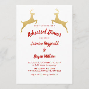 Gold Reindeer   Christmas Wedding Rehearsal Dinner Invitation