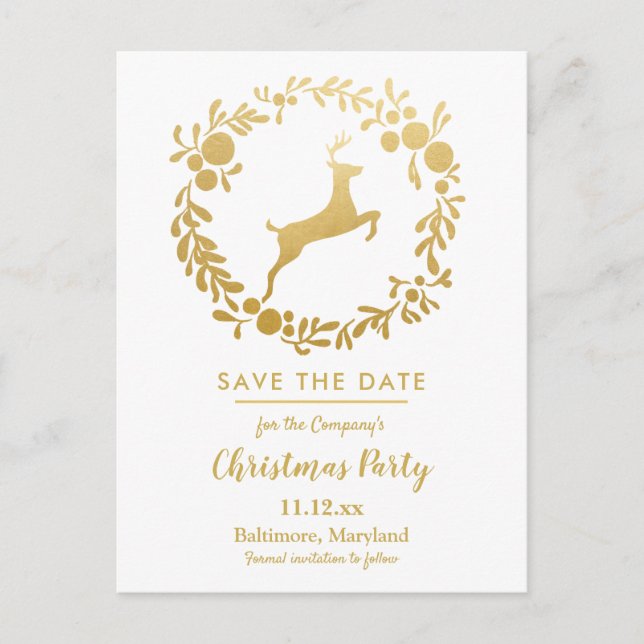 Gold Reindeer Christmas | Wreath Holiday Party Announcement Postcard (Front)