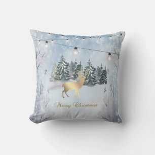 Gold Reindeer,Forest,String Lights Landscape  Cushion