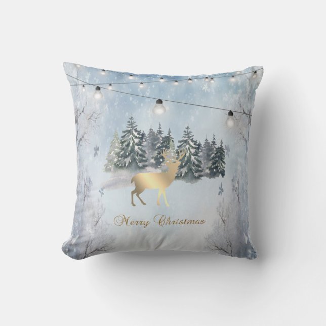 Gold Reindeer,Forest,String Lights Landscape  Cushion (Front)