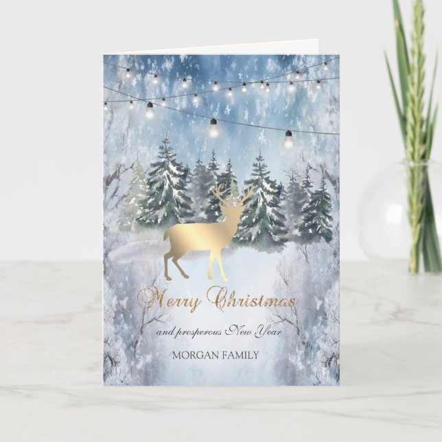 Gold Reindeer,Forest,String Lights Landscape  Holiday Card (Front)