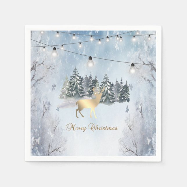 Gold Reindeer,Forest,String Lights Landscape  Napkin (Front)
