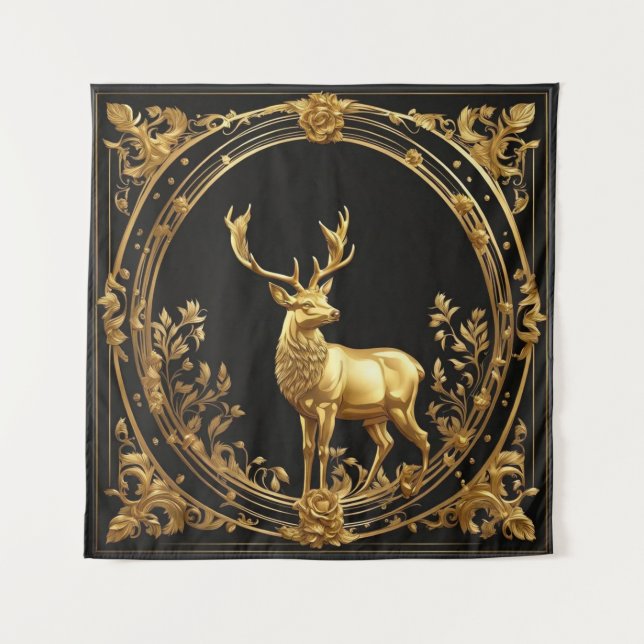 Gold reindeer gold and black ornamental frame tapestry (Front)