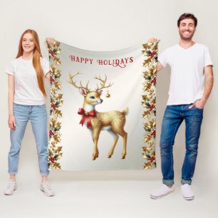 Gold Reindeer Holiday Fleece Blanket