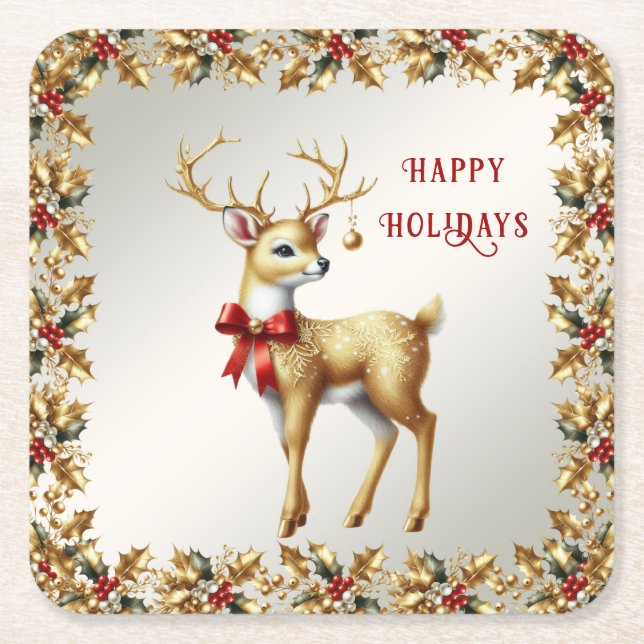 Gold Reindeer Holiday Paper Coaster (Front)