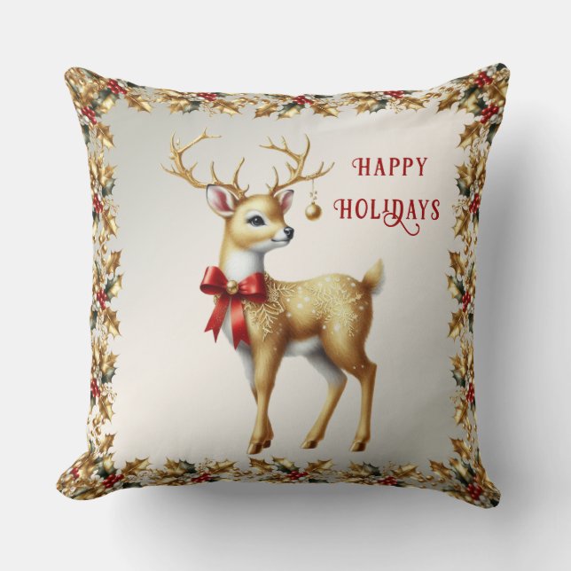 Gold Reindeer Holiday Throw Pillow (Front)