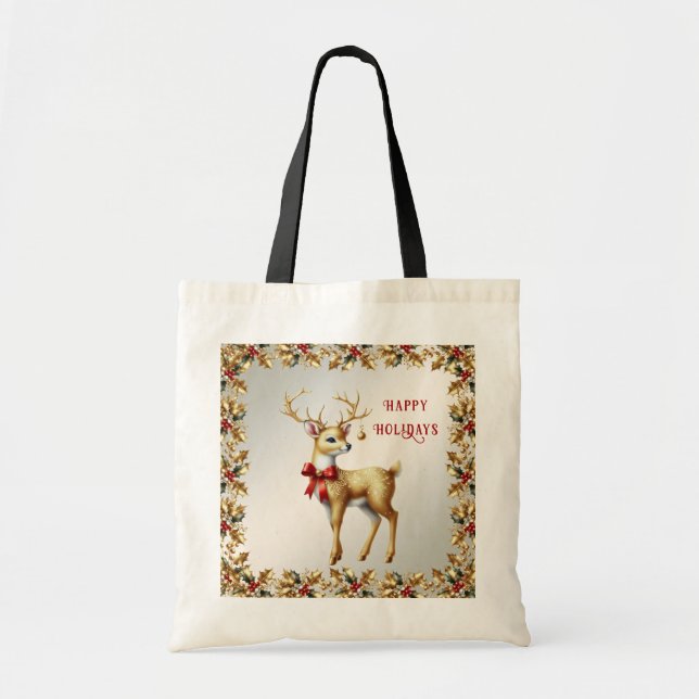 Gold Reindeer Holiday Tote Bag (Front)