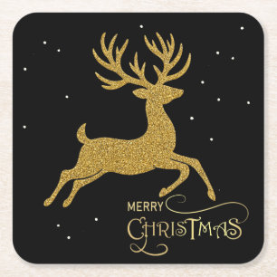 Gold Reindeer on Black Coaster