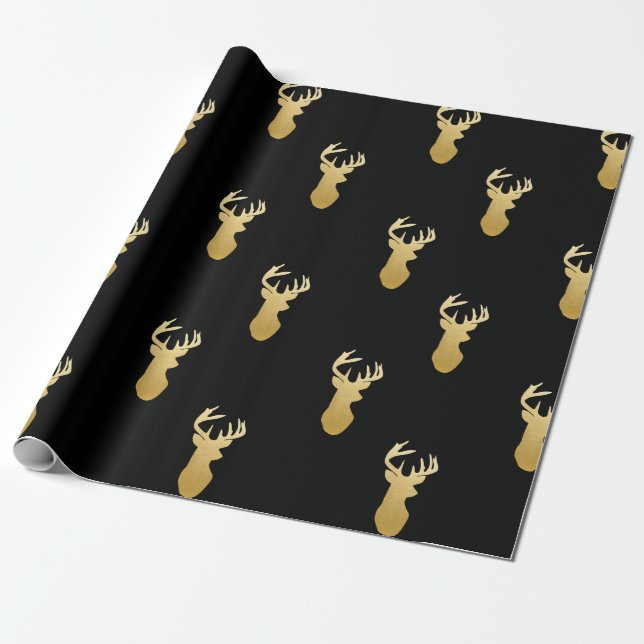 Gold Reindeer Pattern Wrapping Paper Black (Unrolled)