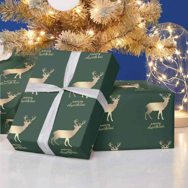 Gold Reindeers Green Merry Christmas   Wrapping Paper (Holidays)