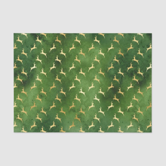 Gold Reindeers on Dark Green Tissue Paper (Front)