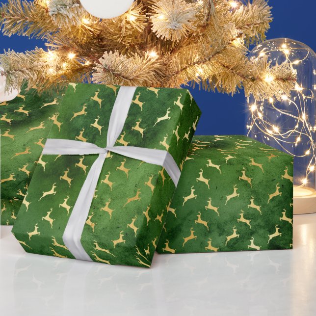 Gold Reindeers on Dark Green Wrapping Paper (Holidays)