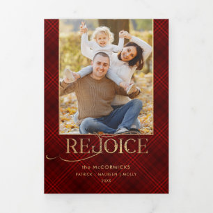 Gold Rejoice Script Red Plaid Photo Tri-Fold Card
