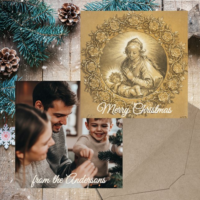 Gold Religious Christian Family Photo Christmas Holiday Card (Gold Baroque Elegant Religious Christian Catholic Custom Family Photo Christmas Holiday Season Card)