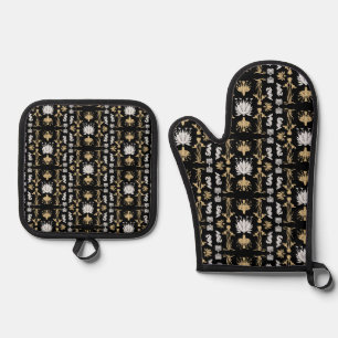 Gold Retro Art Nouveau Print Oven Mitt & Pot Holder Set
