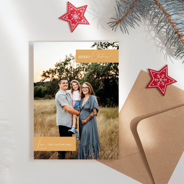 Gold Retro Boho Minimalist Family Portrait Holiday Card (Creator Uploaded)